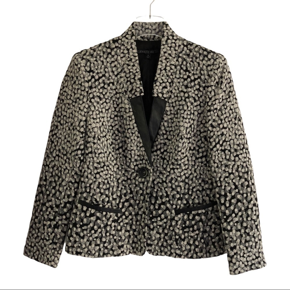 Lafayette 148 New York Black And White Wool Blend Blazer Leather Trim Size 6